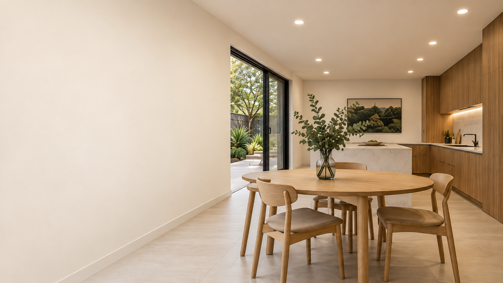 Illustrative dining interior with warm ceiling lighting